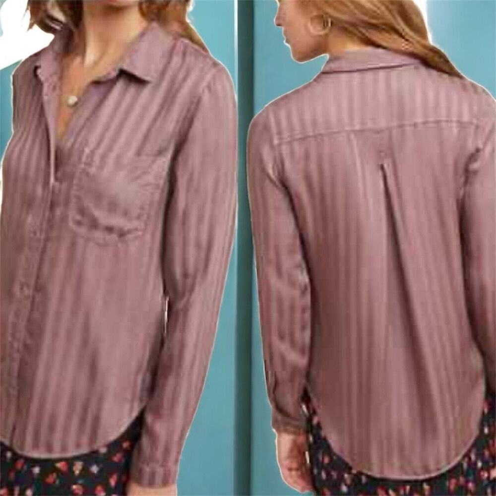 Anthropologie Cloth & Stone Mauve Striped Button Blouse Long Sleeve Size Small‎
